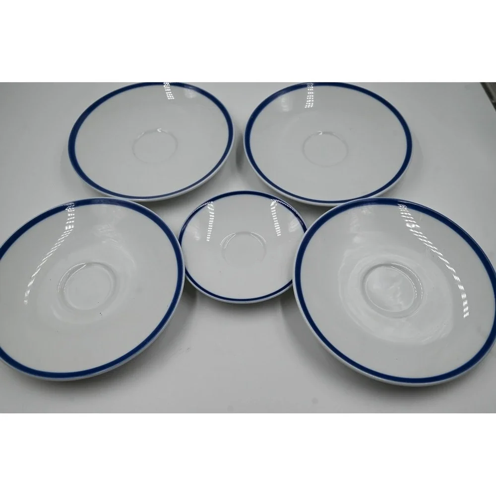 Williams Sonoma Brasserie Saucers Set of 5 White Cobalt Blue Rim Japan Porcelain